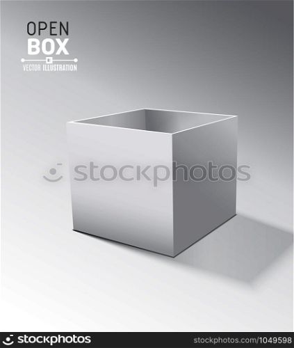 Grey open box with realistic shadows on grey background. Vector illustration.. Grey open box with realistic shadows on grey background.