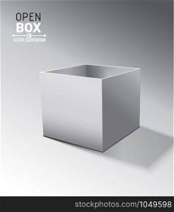 Grey open box with realistic shadows on grey background. Vector illustration.. Grey open box with realistic shadows on grey background.