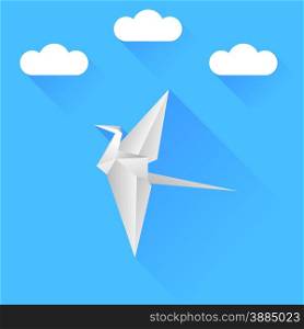 Grey Paper Bird Isolated on Blue Sky Background.. Paper Bird