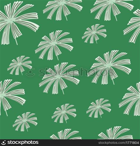Grey random palm licuala leaf seamless pattern in hand drawn floral style. Green bright background. Perfect for fabric design, textile print, wrapping, cover. Vector illustration.. Grey random palm licuala leaf seamless pattern in hand drawn floral style. Green bright background.
