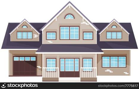 Grey residential building, house with garage. Architectural structure made of bricks and covered with roof tiles. Large building with windows, fence and decorations. Brick house vector illustration. Large yellow residential building, house with garage. Architectural structure made of bricks