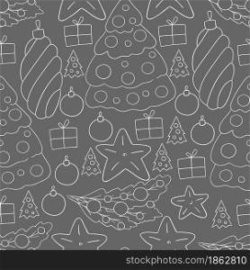 Grey. Seamless vector pattern with stars, Christmas tree decorations. Pattern in hand draw style. Can be used for fabric, packaging and etc. Seamless vector pattern. Christmas tree decorations. Pattern in hand draw style