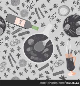 Grey silhouette of pot mulled wine, spices and wine bottle seamless pattern. Festive textile, web, wrapping paper, background fill.. Grey silhouette of pot mulled wine, spices and wine bottle seamless pattern