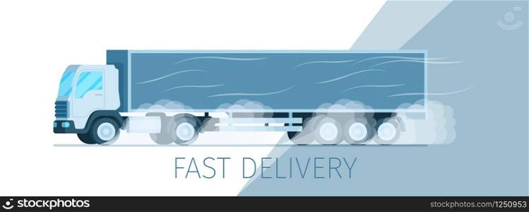 Grey Storage Delivery Truck Moving on Road Banner. Warehouse Fast Express Shipping Process. Side View of Supply Van Driving to Smoke from Under Wheel. Flat Cartoon Vector Illustration. Grey Storage Delivery Truck Moving on Road Banner
