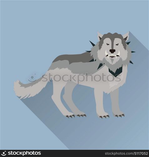 Grey Wolf in the Collar. Grey wolf in the collar with spikes outside. Wolf with showing fangs. Stylized fantasy character. Game object in flat design isolated on blue background. Vector illustration