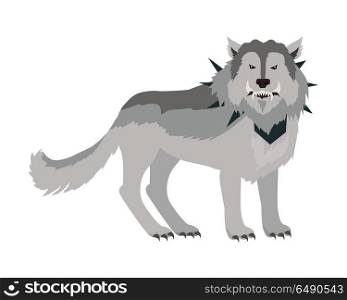 Grey Wolf in the Collar. Grey wolf in the collar with spikes outside. Wolf with showing fangs. Stylized fantasy character. Game object in flat design isolated on white background. Vector illustration.