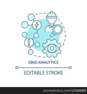 Grid analytics turquoise concept icon. Energy system damage prevention abstract idea thin line illustration. Isolated outline drawing. Editable stroke. Roboto-Medium, Myriad Pro-Bold fonts used. Grid analytics turquoise concept icon