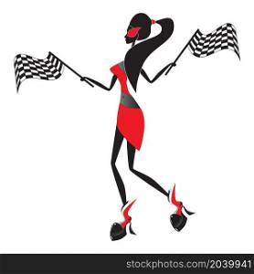 Grid girl wearing trendy shoes waves chess flags. Racing car theme. Vector illustration.