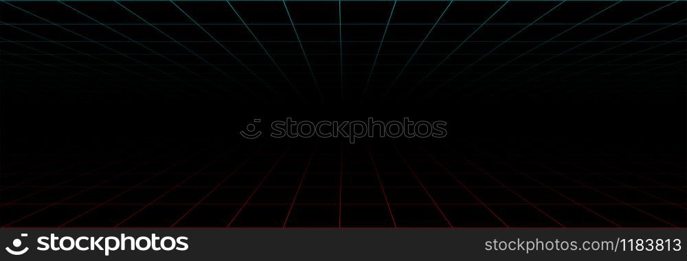 Grid lines in perspective. Abstract background. Grid seamless pattern background. Panorama view. Neon background with laser grid in design 80s. Perspective grid in red and green color. Vector illustration
