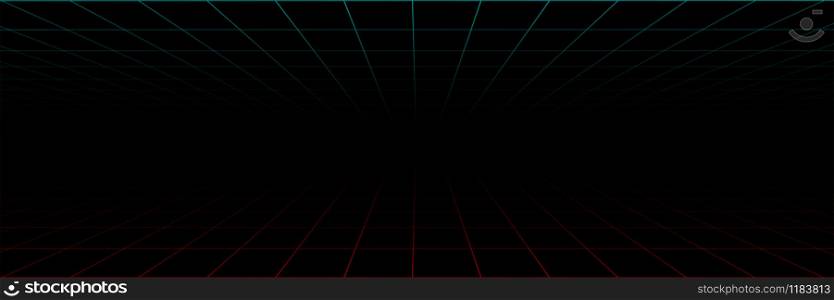 Grid lines in perspective. Abstract background. Grid seamless pattern background. Panorama view. Neon background with laser grid in design 80s. Perspective grid in red and green color. Vector illustration