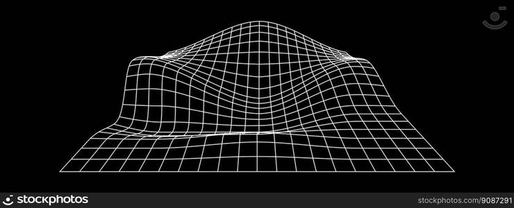 Grid perspective deformation. White terrain wireframe on black background. Relief meshed structure. Distorted lattice surface. Vector graphic illustration.. Grid perspective deformation. White terrain wireframe on black background. Relief meshed structure. Distorted lattice surface. Vector graphic illustration