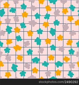 Grid retro seamless pattern with simple flowers in 1970s style. Floral background for T-shirt, poster, card and print. Doodle vector illustration for decor and design.