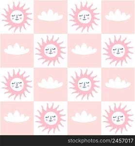 Grid retro seamless pattern with sun and clouds in 1970s style. Funny simple print for T-shirt, paper, card and stationery. Doodle vector illustration for decor and design.