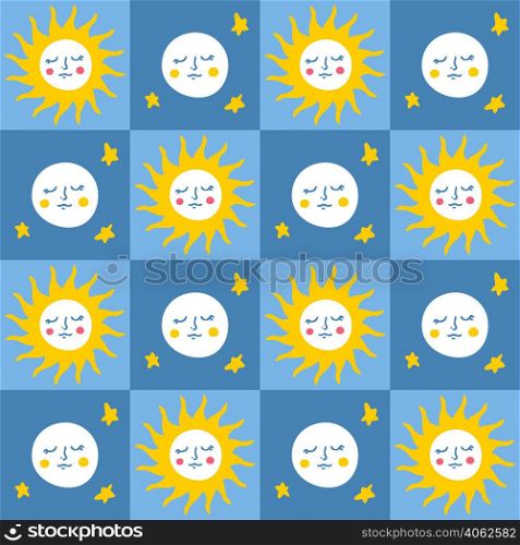 Grid retro seamless pattern with sun and moon in 1970s style. Funny simple print for T-shirt, paper, card and stationery. Doodle vector illustration for decor and design.