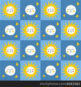 Grid retro seamless pattern with sun and moon in 1970s style. Funny simple print for T-shirt, paper, card and stationery. Doodle vector illustration for decor and design.