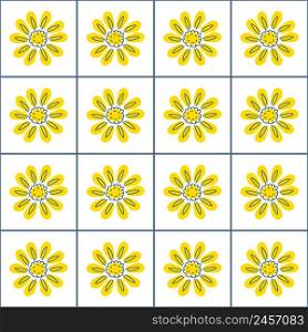 Grid retro seamless pattern with sunflowers in 1970s style. Funny simple print for T-shirt, paper, card and stationery. Doodle vector illustration for decor and design.