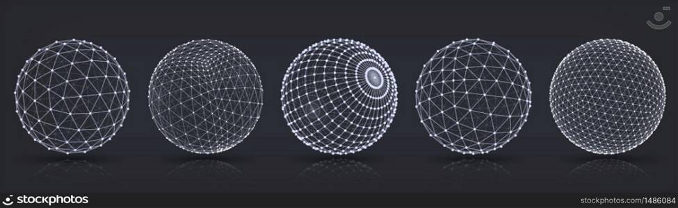 Grid spheres. Realistic 3D globes with abstract net or wireframe for chemical or biology, infographic, round particles structure concept. Vector set connect in circle wireframe structure. Grid spheres. Realistic 3D globes with abstract net or wireframe for chemical or biology, infographic, round particles structure concept. Vector set
