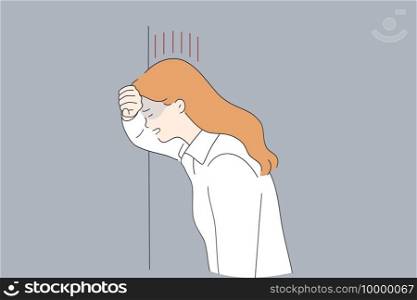 Grief, Depression, negative emotions concept. Stressed crying sad young woman standing near wall with eyes closed feeling grief frustration and emotional crisis vector illustration. Grief, Depression, negative emotions concept