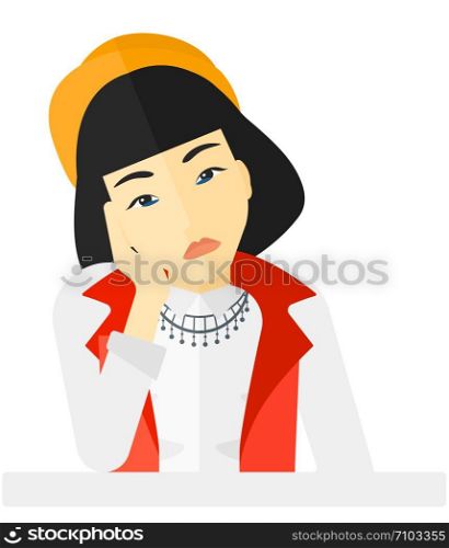 Grieving woman holding her head propped by her hand vector flat design illustration isolated on white background. . Young grieving woman.