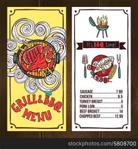 Grill and bbq restaurant menu sketch with barbeque dishes vector illustration. Grill Menu Sketch