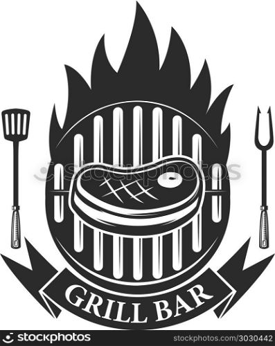Grill bar. Cutted meat and crossed meat cleavers. Design element for logo, label, emblem. Vector illustration. Grill bar. Cutted meat and crossed meat cleavers. Design element for logo, label, emblem.