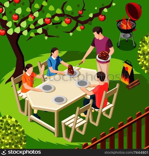 Grill bbq party isometric background with back yard landscape and family member characters sitting at table vector illustration. Family Barbecue Isometric Background