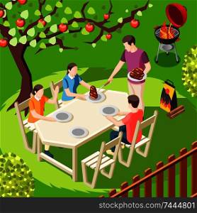 Grill bbq party isometric background with back yard landscape and family member characters sitting at table vector illustration. Family Barbecue Isometric Background