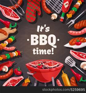 Grill BBQ Time Background. Barbecue grill composition with brazier meat and vegetable skewers pot holder and flatware images with text vector illustration