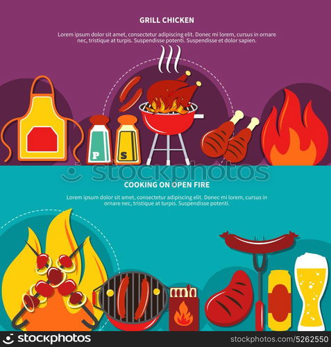 Grill Chiken And Cooking On Open Fire Flat . Grill chiken and cooking on open fire flat drawing such dishes as grill chiken roasted meal vector illustration