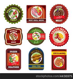 Grill Dishes Emblems. Grill dishes emblems kebab house vegetarian meal fresh seafood meat bbq vector illustration