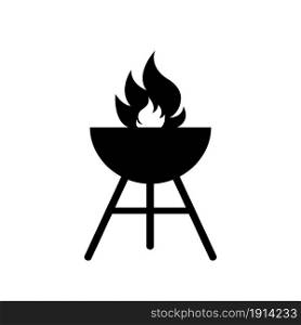Grill icon. Bbq icon. Barbecue with fire for picnic. Barbeque in metal roaster on charcoal. Silhouette for grilling. Illustration for restaurant, cook and food. Pictogram for summer party. Vector.. Grill icon. Bbq icon. Barbecue with fire for picnic. Barbeque in metal roaster on charcoal. Silhouette for grilling. Illustration for restaurant, cook and food. Pictogram for summer party. Vector