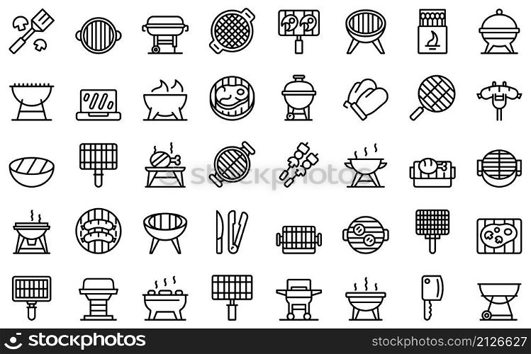 Grill icons set outline vector. Cooking equipment. Food bbq. Grill icons set outline vector. Cooking equipment