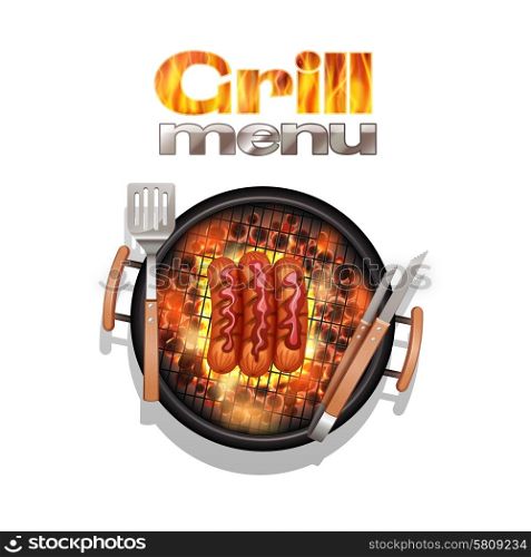 Grill menu design concept with realistic sausages cooking on bbq vector illustration. Grill Menu Design
