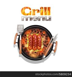 Grill menu design concept with realistic sausages cooking on bbq vector illustration. Grill Menu Design