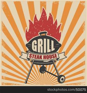 Grill menu. Grill, fork and kitchen spatula on grunge background. Design element for poster, menu. Vector illustration