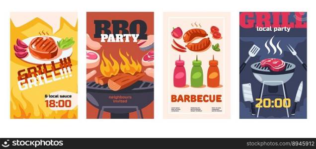 Grill party poster. Barbecue flyer templates with equipment for cooking and grilled roasted meat, outdoor picnic or cookout event invitations. Vector cartoon set of barbecue grill cooking illustration. Grill party poster. Barbecue flyer templates with equipment for cooking and grilled roasted meat, outdoor picnic or cookout event invitations. Vector cartoon set