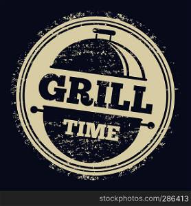 Grill time grunge label design on blue backdrop. Vector illustration. Grill grunge label design on blue backdrop