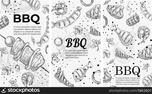 Grilled dishes and vegetables, seafood and veggies roasted on bbq. Barbeque chicken and shrimps, corn and pork or beef. Cafe or restaurant menu, advertisement banner or poster. Vector in flat style. Bbq menu with vegetables and meat grilled food