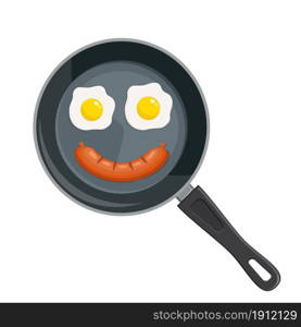 Grilled egg and sausage at frying pan. Cooking food. Fry product. Cooked meal. Smile isolated on white background. Vector illustration in flat style.. Grilled egg and sausage at frying pan.