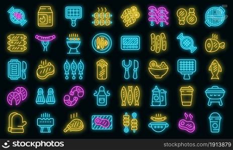 Grilled food icons set. Outline set of grilled food vector icons neon color on black. Grilled food icons set vector neon