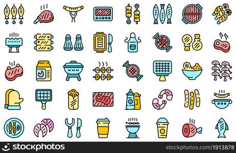 Grilled food icons set. Outline set of grilled food vector icons thin line color flat isolated on white. Grilled food icons set line color vector