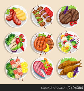 Grilled food set fish and meat dishes with vegetables on the plate vector illustration. Grilled Food Set