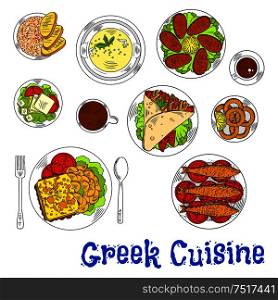Grilled greek sardines, squid and mussels sketch icon served with pork gyros on pita bread topped with vegetables and tzatziki, flambe goat cheese with fries and plate of feta, fish roe salad tarama and lemon chicken soup, coffee drinks. Grilled greek seafood dishes sketch drawing icon