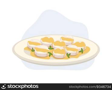 grilled King scallop without shell with butter lemon spicy sauce on plate. vector cartoon illustration