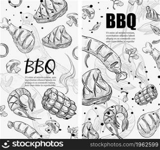 Grilled meat and steaks, bbq dishes roasted seafood shrimps and vegetables. Cooking and preparing tasty filling food. Cafe or restaurant menu, advertisement banner or poster. Vector in flat style. Bbq menu with grilled and roasted meat slices