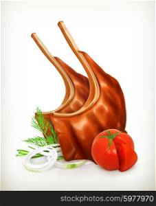 Grilled meat rib with vegetables, vector icon