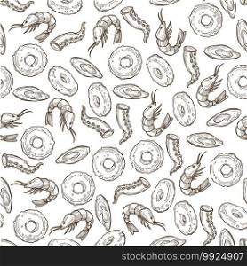 Grilled rings of fish meat, fried shrimps seamless pattern. Seafood dishes in restaurant menu, cooking and preparation of snacks. Culinary recipe. Monochrome sketch outline, vector in flat style. Seafood menu, fried shrimp rings dish seamless pattern