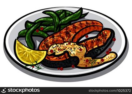 grilled salmon steak on plate with sauce, spinach, condiments and lemon. grilled salmon steak