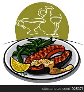 grilled salmon steak on plate with sauce, spinach, condiments, wine and lemon. grilled salmon steak