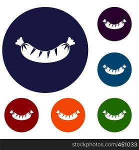 Grilled sausage icons set in flat circle reb, blue and green color for web. Grilled sausage icons set
